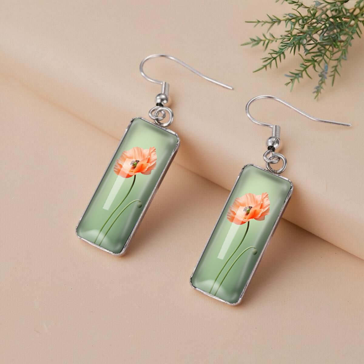 Elegant Rectangular Poppy Flower Earrings, Fashion Gift